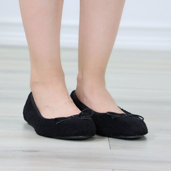 Black Ballet Flats Bow Detail Rounded Toe Slip-On Sherpa Upper - Picture 4 of 13